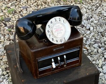 Vintage Phone Dictograph Rotary Dial Telephone 1940s/50s Wood Box Fully Working