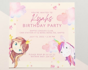 Pastel Princess Unicorn Rainbow Kids Birthday Square Invitation