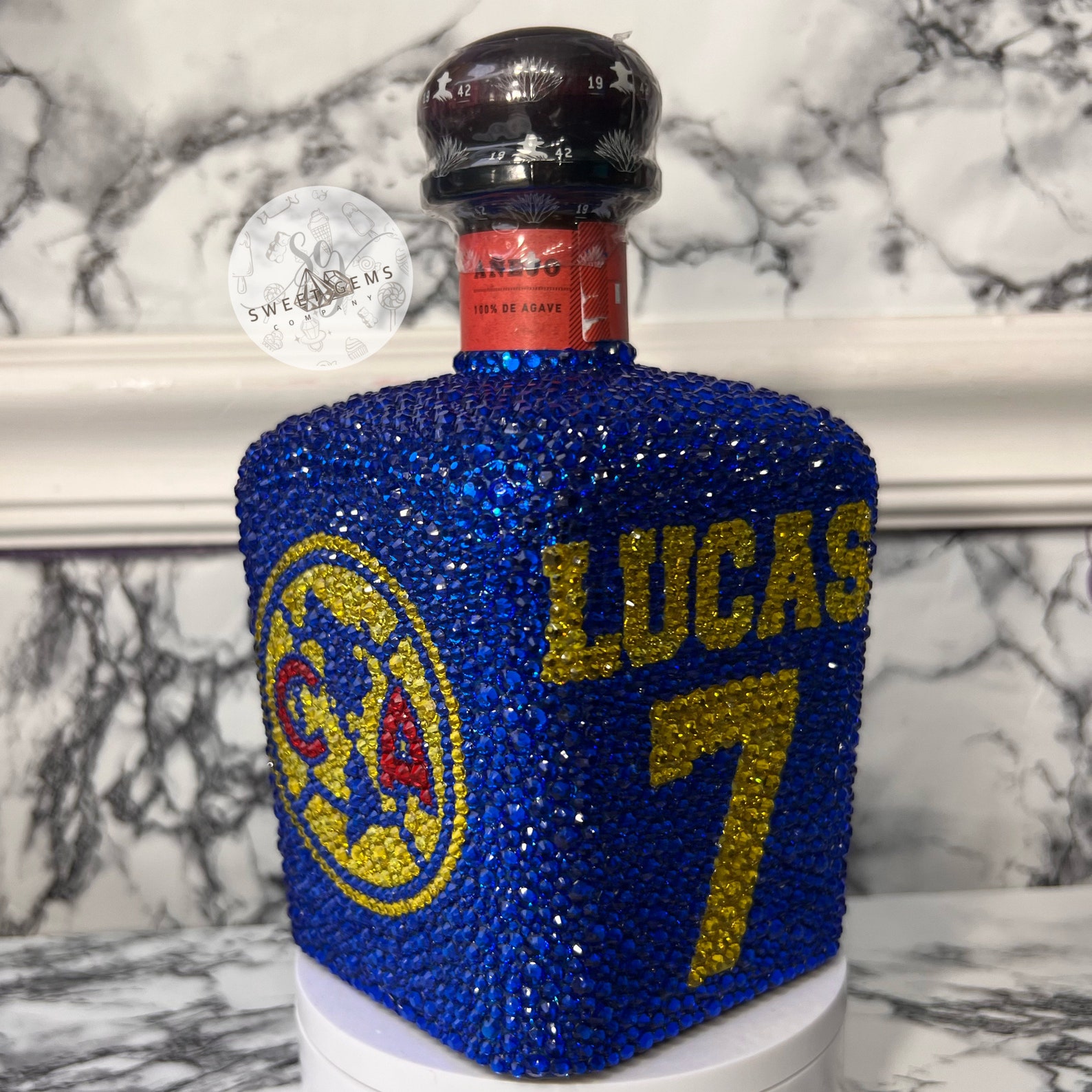 Bedazzled Tequila Bottle 750ml (EMPTY), Club America Bottle, Azul Crema
