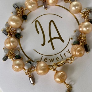 Multi Gemstone Cluster Bracelet, FW Pearl, Shell, Wedding Beadwork Bridal Statement Peach Handmade
