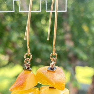 Amber Earrings with K10 Gold  PLT Marquise Ear Wires Raw Amber 2 in long