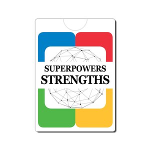 Könnte beinhalten: Eine weiße Karte mit den Worten "SUPERPOWERS STRENGTHS" in fetter schwarzer Schrift. Die Karte hat ein Design mit Farbblöcken in Blau, Rot, Grün und Gelb. Eine Netzwerk-Grafik befindet sich in der Mitte.
