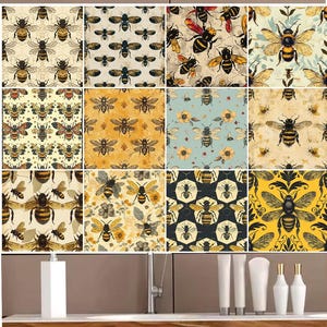 May include: Twelve square tiles featuring a repeating pattern of bees and honeycomb designs. The tiles are in a variety of colours, including yellow, brown, black, and white. The tiles are arranged in a grid pattern.