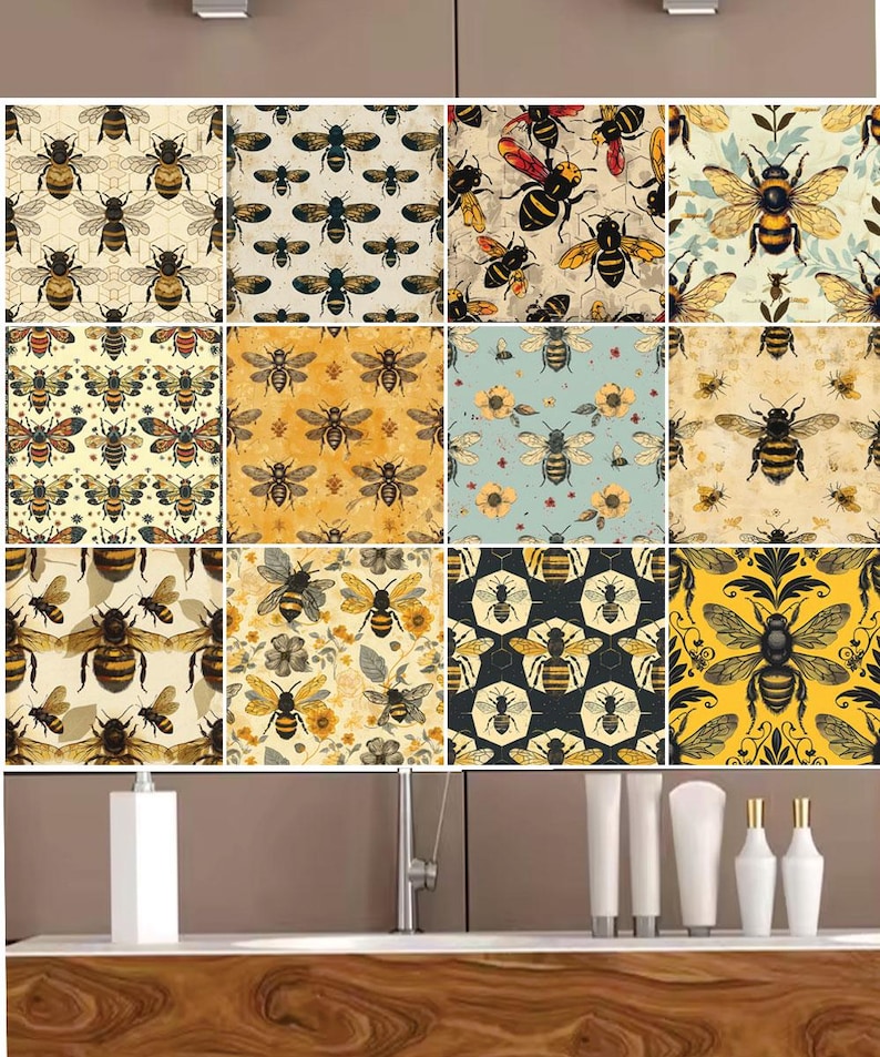 24x Mixed Retro Bee Peel and Stick Vinyl Tiles Stickers Kitchen ...