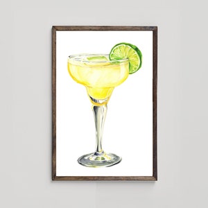 May include: A watercolour painting of a margarita cocktail in a stemmed glass with a lime wedge garnish. The drink is yellow and the glass is clear.
