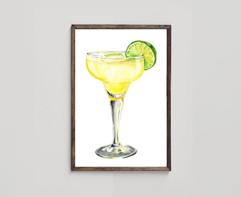 May include: A watercolour painting of a margarita cocktail in a stemmed glass with a lime wedge garnish. The drink is yellow and the glass is clear.