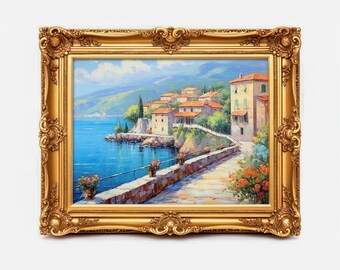 Mediterranean Coast Wall Art, Multicolor Wall Art, Coastal Village Printed Wall Art, Living Room Decor, Kitchen Wall Art, Digital Download
