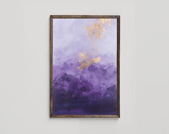 Puede incluir: Pintura abstracta en un marco de madera con un esquema de color morado y dorado. La pintura presenta un degradado de tonos morados con acentos dorados.