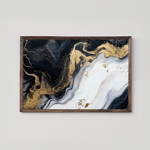May include: Abstract painting in a wooden frame with black, white, and gold swirling patterns.