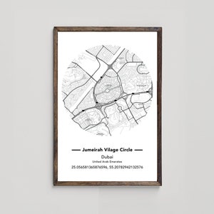 Jumeirah Village Map Art, stilvolle Dubai Viertel druckbare Wandkunst, Dubai Karte Wandkunst mit Geographischen Koordinaten, digitaler Download