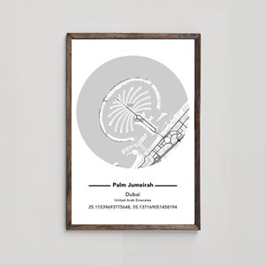Palm Jumeirah Map Print, GPS-Arbeit, Dubai Neighborhood druckbare Wandkunst, Dubai Karte Wandkunst mit Geographischen Koordinaten, digitaler Download