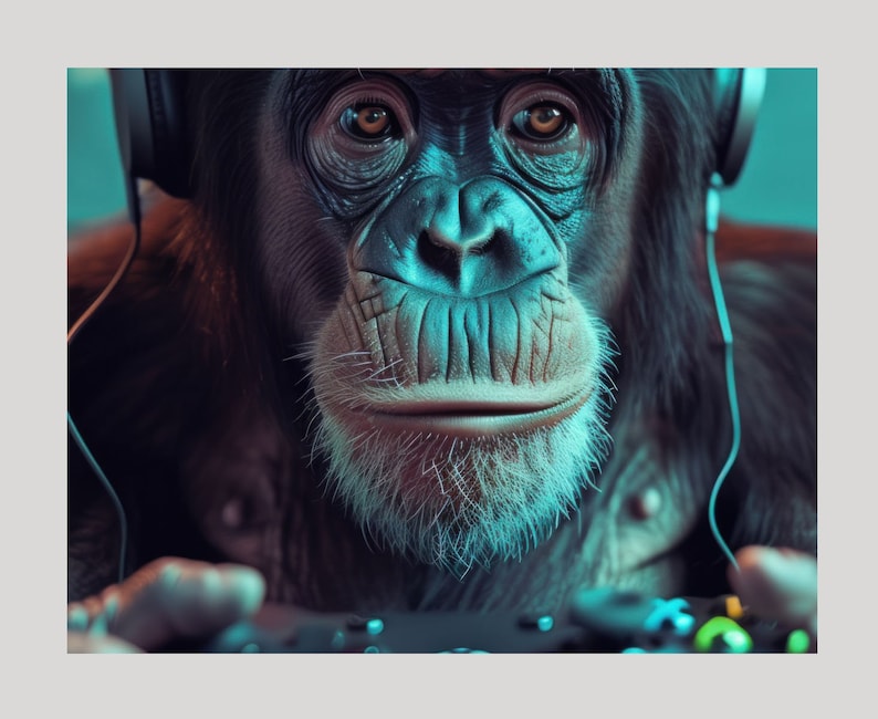 Monkey Playing Video Games, Chimp Gamer With Headphones, Quirky Gaming ...
