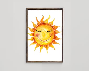Cheerful Sun Art Printable Wall Art: Radiant Smiling Sun Illustration for Joyful Decor, Nursery Decor, Kids Room Wall Art, Digital Download