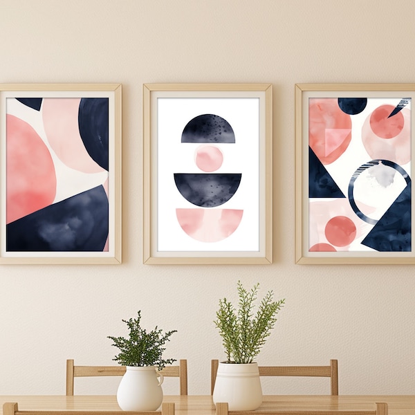 3-Piece Modern Art Print Set, Geometric Shapes in Coral and Navy, Printable Abstract Wall Art, Minimalist Home Decor, Digital Download
