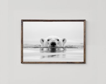 Serene Antarktis Eisberg Druck, ruhige Natur Wandkunst, fesselnder Eisbär schwimmen, schwarz & weiß Fine Art Fotografie, digitaler Download