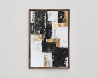 White, Black and Gold Abstract Wall Art, Modern Textured Metallic Abstract Printable Art, Black Chic Living Room Art, Digital Download