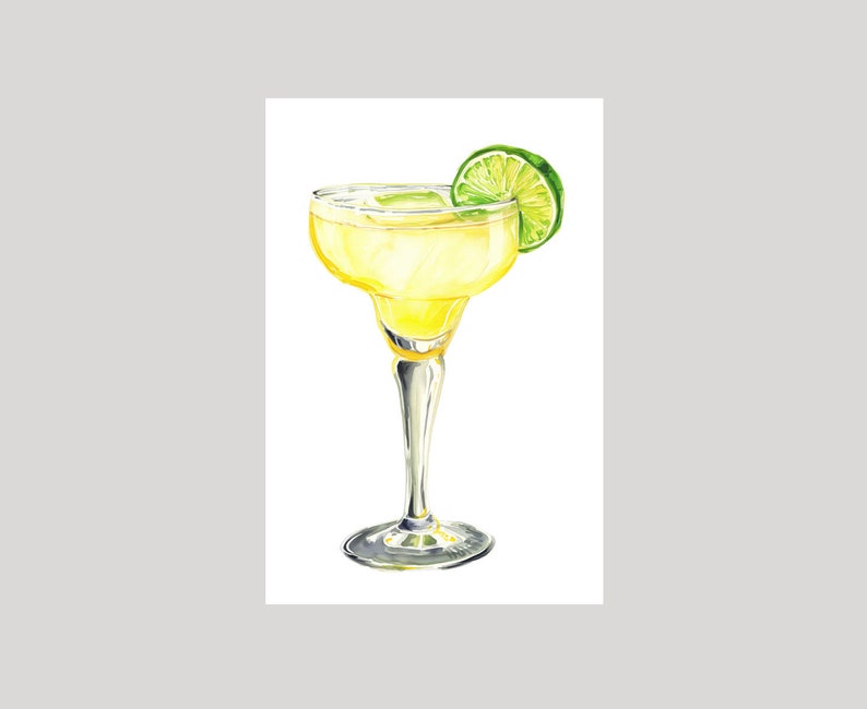 May include: A yellow margarita cocktail in a clear glass with a lime wedge garnish. The drink is served in a stemmed glass with a wide rim.