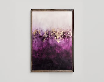 Puede incluir: Pintura abstracta en un marco de madera. La pintura presenta un degradado de colores púrpura y blanco con acentos dorados.