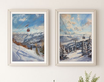 Set of 2 Winter Landscape Art Set, Printable Alpine Scenery, Winter Mountain Wall Art, Cozy Cabin Decor, Living Room Wall, Digital Download