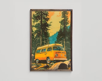May include: A vintage yellow camper van with a white roof drives through a forest. The van has a VW logo on the front. The forest is green and the sky is blue with orange clouds.