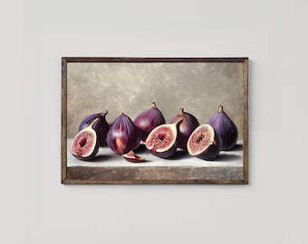 Vintage Braun Feige Wandkunst, Feigenfrucht Kunst, druckbare Küchenkunst, Traditionelles Esszimmer Dekor, Stillleben Obst Malerei, Digitaler Download