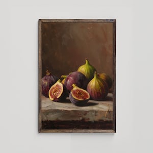 May include: A still life painting depicting a group of figs, some whole and some cut open, on a light brown surface. The figs are a mix of purple and green, and the painting is framed in a dark wood frame.