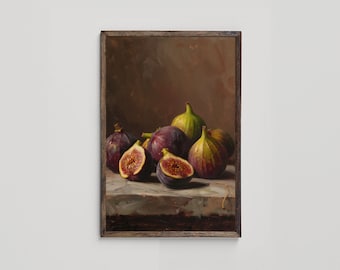 Vintage Brown Fig Wall Art, Fig Fruit Art, Printable Kitchen Art, Traditional Dining Room Decor, Still Life Fruit Painting, Digital Download