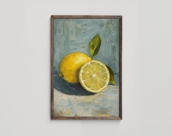 Vintage Lemon Art, Citrus Fruit Painting, Printable Kitchen Art, Traditional Dining Room Decor, Still Life Fruit Painting, Digital Download