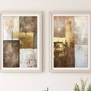 Conjunto de 2 arte abstrata de parede marrom, branca e dourada, arte abstrata metálica texturizada moderna para impressão, arte bege para sala de estar, download digital