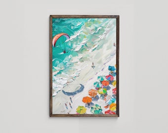 Beach Scene Art, Aerial Beach Wall Art, Colorful Abstract, Summer Beach Umbrellas and Paraglider, Beach House Decor, Digital Download