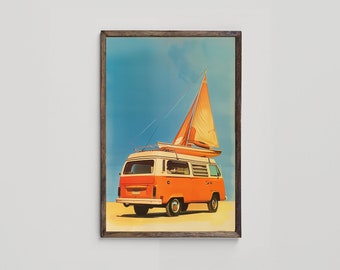 Retro Van and Sailboat Art, Beach Art, Retro 70s Decor, Colorful Printable Art, Classic Car Enthusiast Gift, Surf Culture, Digital Download