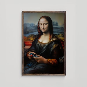 May include: A painting of the Mona Lisa holding a video game controller. The background is a landscape with mountains and water. The painting is framed in a dark wood frame.