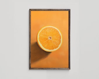 May include: A painting of a halved orange on a bright orange background. The orange is sliced in half and the inside is visible, showing the juicy segments and seeds.