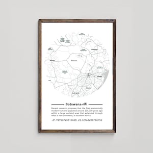 Botswana Kulturerbe Karte - Wiege der Menschheit Kunst, GPS-Arbeit, Botswana druckbare Wandkunst mit Geographischen Koordinaten, digitaler Download