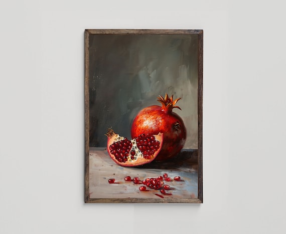 Vintage Pomegranate Fruit Painting Art, Printable Kitchen Art, Traditional Dining Room Decor, Still Life Fruit Painting, Digital Download