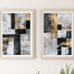 Conjunto de 2 arte abstrata de parede branca, preta e dourada, monocromático moderno com arte abstrata dourada para impressão, arte de sala de estar, download digital