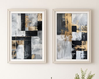 Set of 2 White, Black and Gold Abstract Wall Art, Modern Monochrome with Gold Abstract Printable Art, Living Room Art, Digital Download