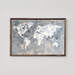 Moderne Weltkarte, Strukturierte Globale Wandkunst, Zeitgenössische Monochrome Dekoration, Weltkarte Weiß und Grau Abstrakt, Bürodekoration, Digitaler Download
