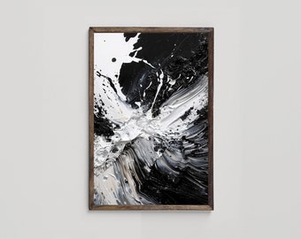 May include: Abstract painting in black and white with a textured, swirling design. The painting is framed in a dark wood frame.