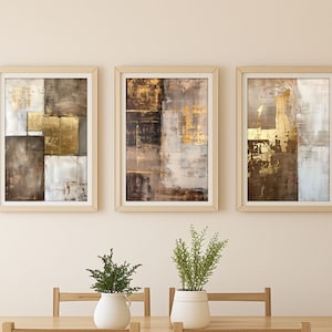 3er Set Abstrakte Wandkunst Braun, Weiß und Gold, Moderne strukturierte metallische abstrakte druckbare Kunst, Beige Wohnzimmer Kunst, digitaler Download