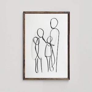 May include: A black and white line drawing of a family of three. The drawing is in a simple style, with the figures represented by basic shapes. The family is standing together, with the tallest figure in the center.
