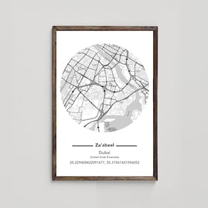 Za'abeel Viertel Dubai Karte Kunst, Dubai Nachbarschaft druckbare Wandkunst, Dubai Karte Wandkunst mit Geographischen Koordinaten, digitaler Download