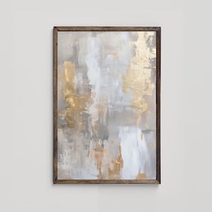 May include: Abstract painting with gold and gray tones in a wooden frame.