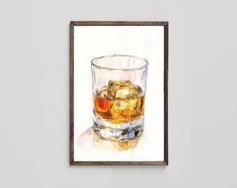 Watercolor Whiskey Glass Art Print, Living Room Wall Art, Kitchen and Dining Art, Orange and White Printable Wall Art, Digital Download