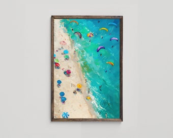 Beach Scene Art, Aerial Beach Wall Art, Colorful Abstract, Summer Beach Umbrellas and Paraglider, Beach House Decor, Digital Download