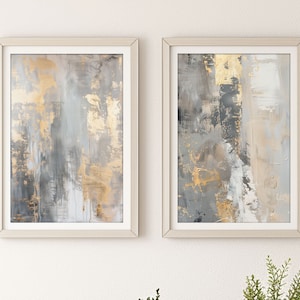 Conjunto de 2 arte abstrata de parede cinza, branca e dourada, arte abstrata metálica texturizada moderna para impressão, arte cinza de sala de estar, download digital