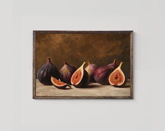 Vintage Braun Feige Wandkunst, Feigenfrucht Kunst, druckbare Küchenkunst, Traditionelles Esszimmer Dekor, Stillleben Obst Malerei, Digitaler Download