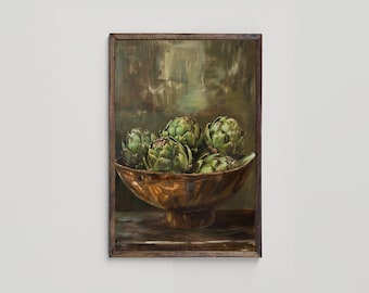Lush Green Artichoke Still Life Printable Art, Kitchen Wall Art, Vintage Green and Brown Art, Printable Dining Room Decor, Digital Download
