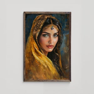 Cultural Woman Portrait Printable Wall Art, Persian Traditional Costume, Gold Home Decor, Intricate Gold Embroidery, Digital Download