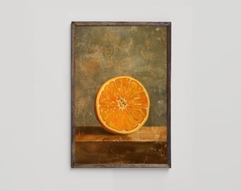May include: A painting of a half orange on a wooden surface. The orange is sliced in half and the inside is a bright orange color. The background is a muted green color.